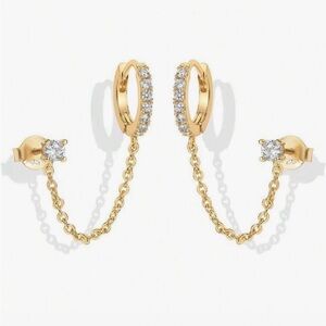 Gold Chain Earrings with Crystals, Double Piercing Dangle Hoop